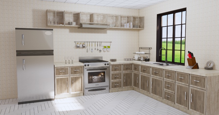 Modelo 3D gratis de una cocina completa con muebles de madera Sketchup  AutoCAD - Arquitek3D